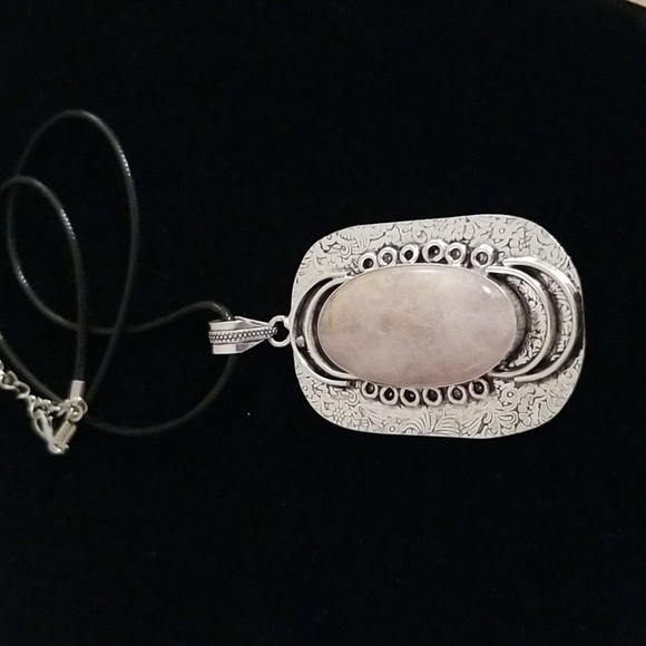 Extra Large Rose Quartz on Detailed Metal Pendant with black cord - Picture 2 of 6